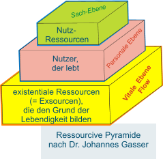Ressourcive Pyramide  nach Dr. Johannes Gasser Vitale  Ebene         Flow P e r s o n a l e E b e n e Sach-Ebene      Nutz- Ressourcen Nutzer, der lebt existentiale Ressourcen (= Exsourcen),  die den Grund der  Lebendigkeit bilden