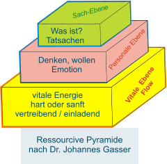 Ressourcive Pyramide  nach Dr. Johannes Gasser Vitale  Ebene         Flow P e r s o n a l e E b e n e Sach-Ebene   Was ist? Tatsachen Denken, wollen Emotion vitale Energie hart oder sanft vertreibend / einladend